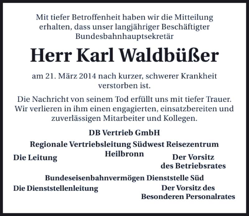  Traueranzeige für Karl Waldbüßer vom 26.03.2014 aus 
