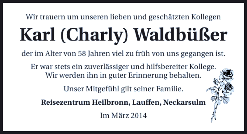  Traueranzeige für Karl Charly Waldbüßer vom 26.03.2014 aus 
