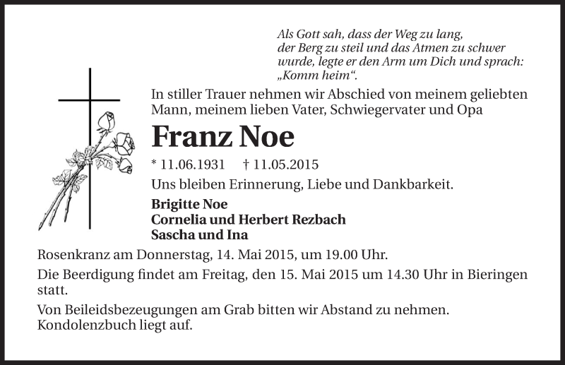  Traueranzeige für Franz Noe vom 13.05.2015 aus 