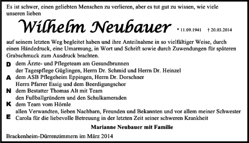  Traueranzeige für Wilhelm Neubauer vom 01.04.2014 aus 