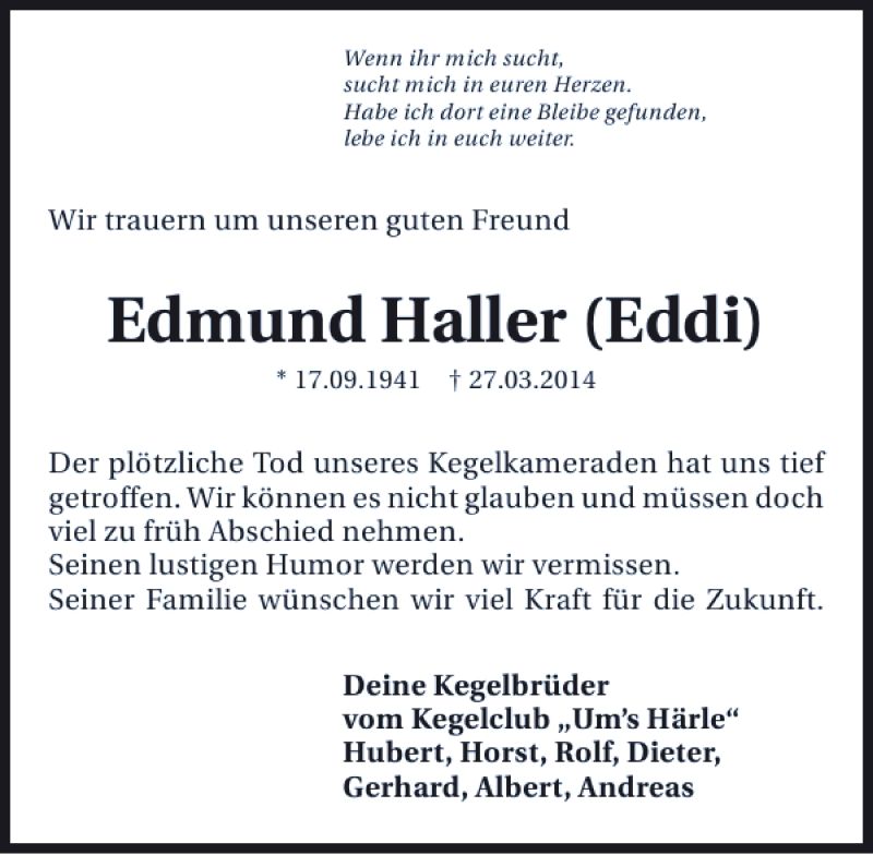  Traueranzeige für Edmund Haller Eddi vom 02.04.2014 aus 