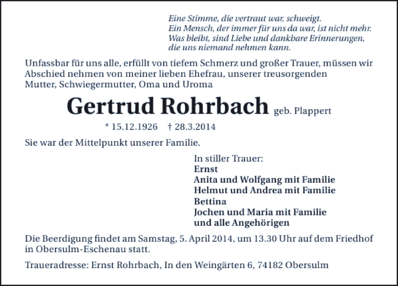  Traueranzeige für Gertrud Rohrbach vom 02.04.2014 aus 