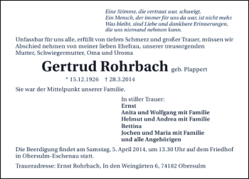 Traueranzeige von Gertrud Rohrbach 