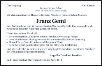 Traueranzeige von Franz Geml 