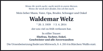 Traueranzeige von Waldemar Welz 