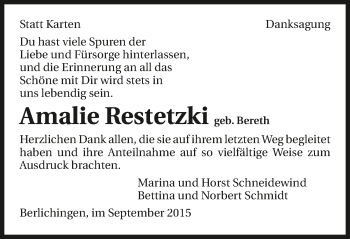Traueranzeige von Amalie Restetzki 