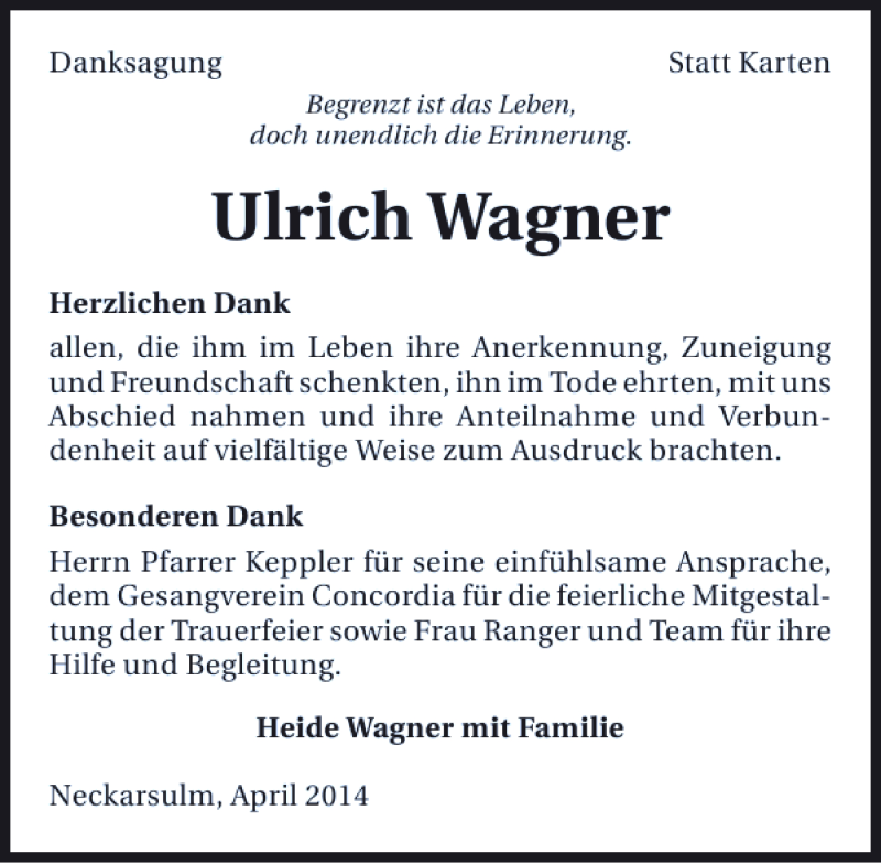  Traueranzeige für Ulrich Wagner vom 11.04.2014 aus 