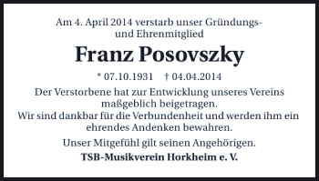 Traueranzeige von Am4.April2014verstarbunserGründungs-undEhrenmitglied Fra 