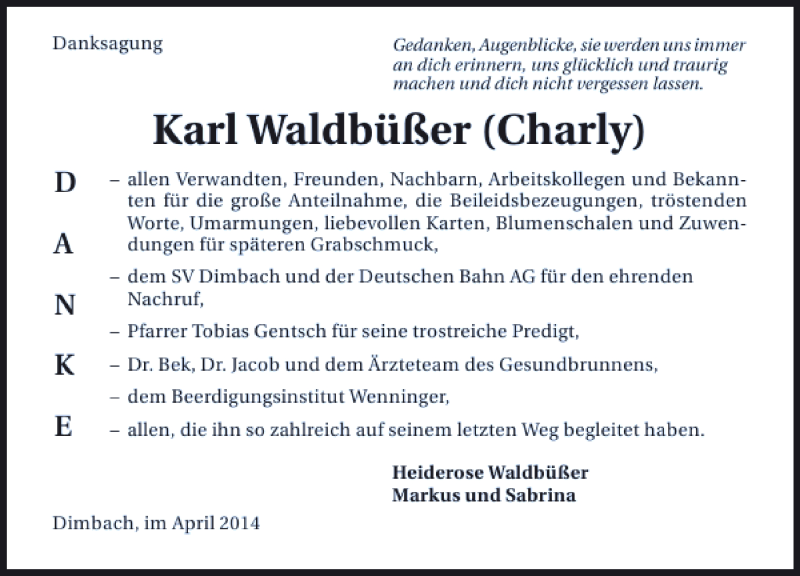  Traueranzeige für Karl Waldbüßer Charly vom 12.04.2014 aus 