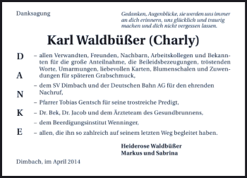 Traueranzeige von Karl Waldbüßer Charly 