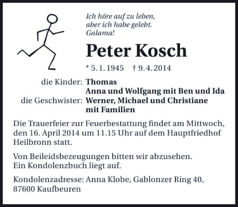  Traueranzeige für Peter Kosch vom 12.04.2014 aus 