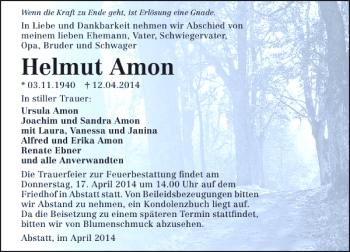 Traueranzeige von Helmut Amon 