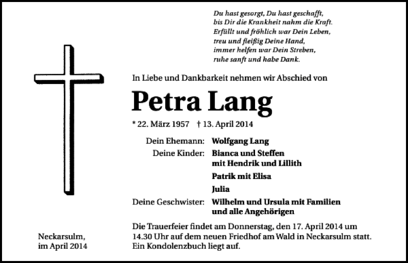  Traueranzeige für Petra Lang vom 15.04.2014 aus 