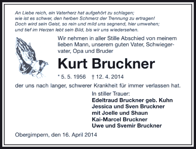  Traueranzeige für Kurt Bruckner vom 16.04.2014 aus 