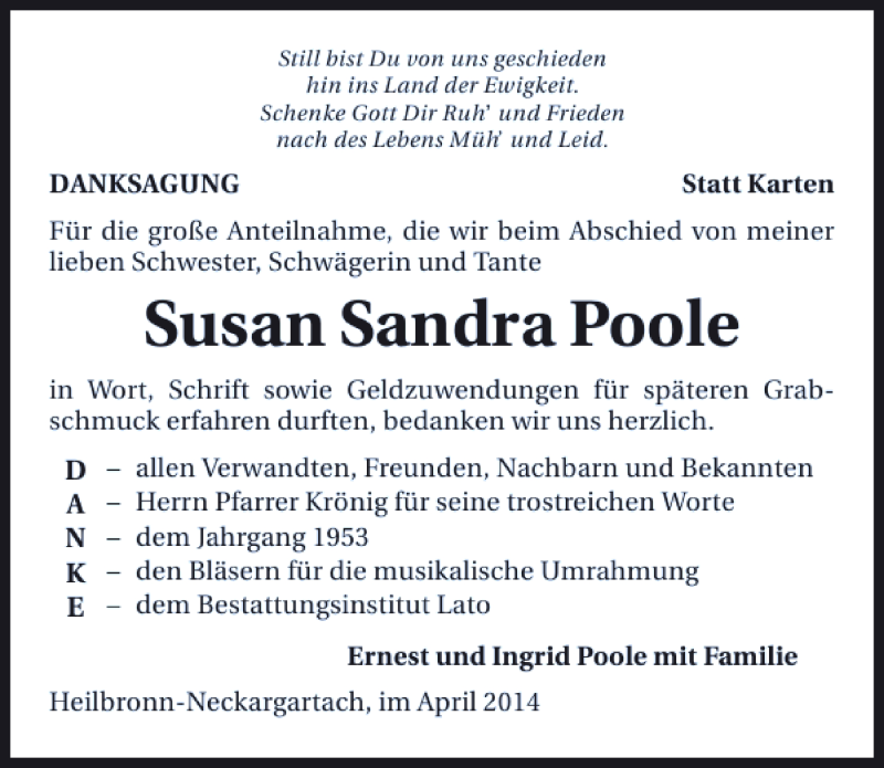  Traueranzeige für Susan Sandra Poole vom 19.04.2014 aus 