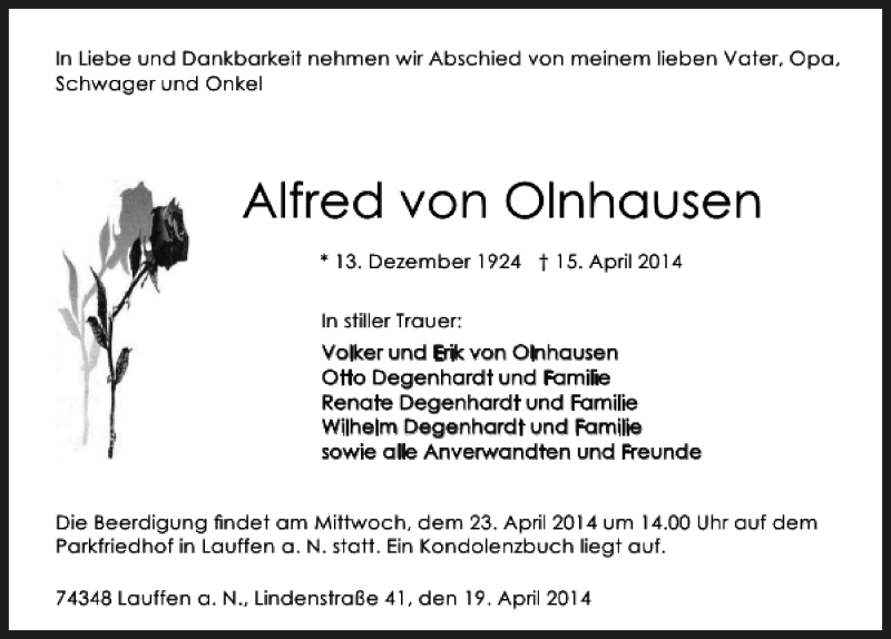  Traueranzeige für Alfred von Olnhausen vom 19.04.2014 aus 