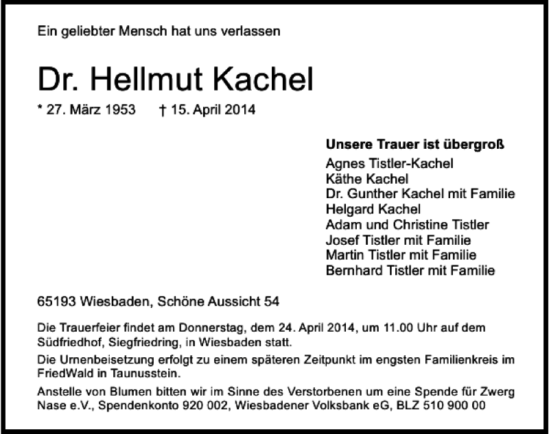  Traueranzeige für Dr. Hellmut Kachel vom 19.04.2014 aus 