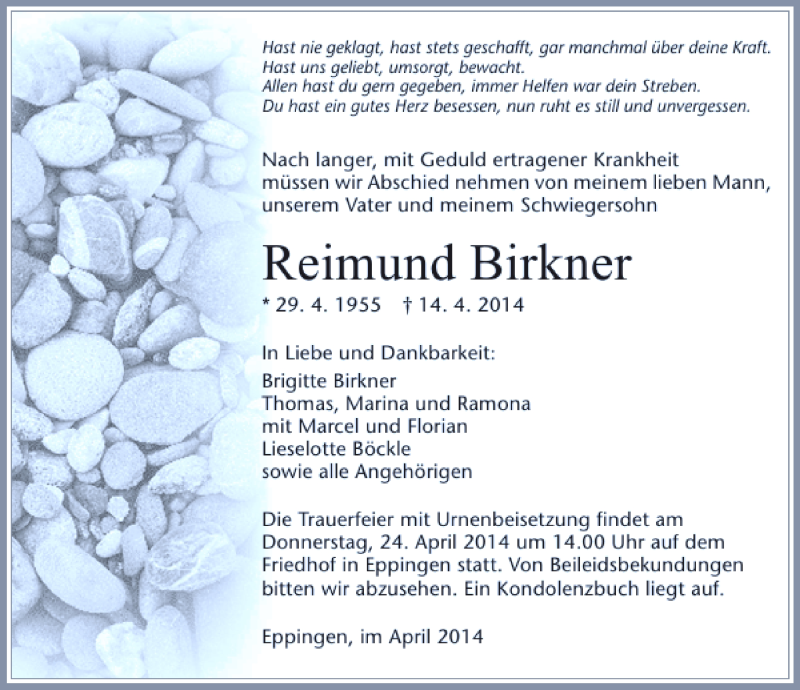  Traueranzeige für Reimund Birkner vom 19.04.2014 aus 
