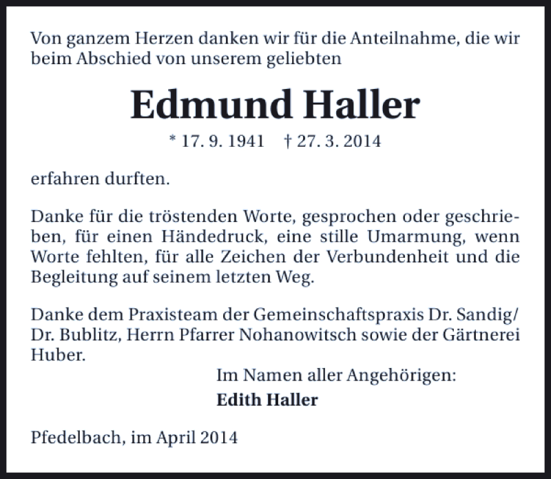  Traueranzeige für Edmund Haller vom 23.04.2014 aus 