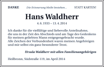 Traueranzeige von Hans Waldherr 