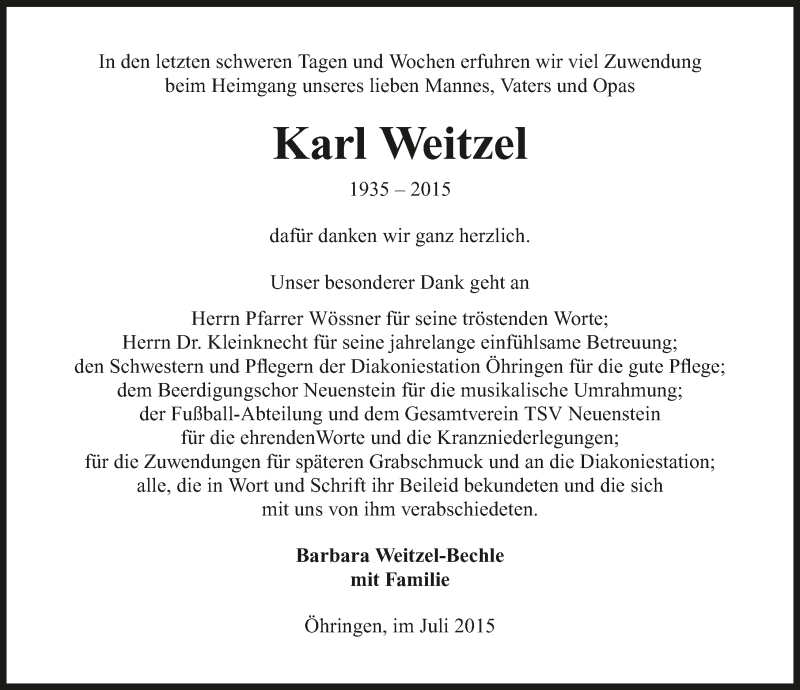  Traueranzeige für Karl Weitzel vom 18.07.2015 aus 