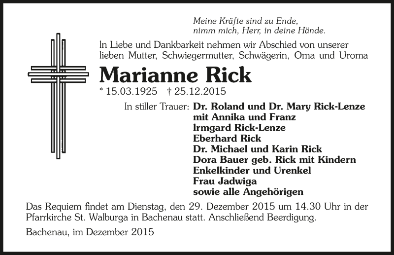  Traueranzeige für Marianne Rick vom 28.12.2015 aus 