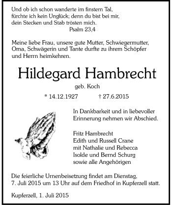 Traueranzeige von Hildegard Hambrecht 