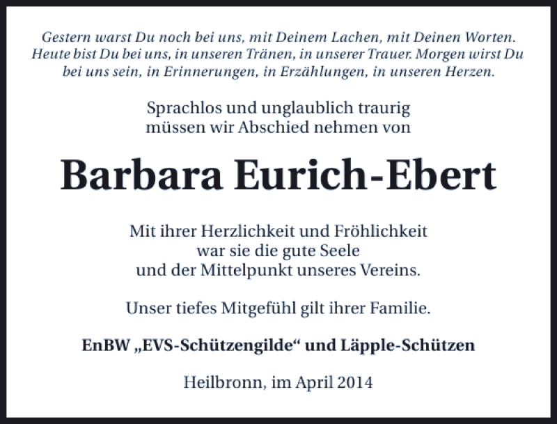  Traueranzeige für Barbara Eurich-Ebert vom 29.04.2014 aus 