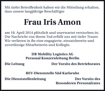 Traueranzeige von Frau Iris Amon 