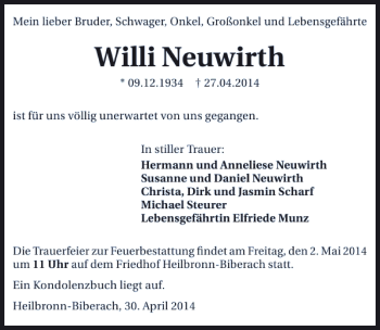 Traueranzeige von Willi Neuwirth 