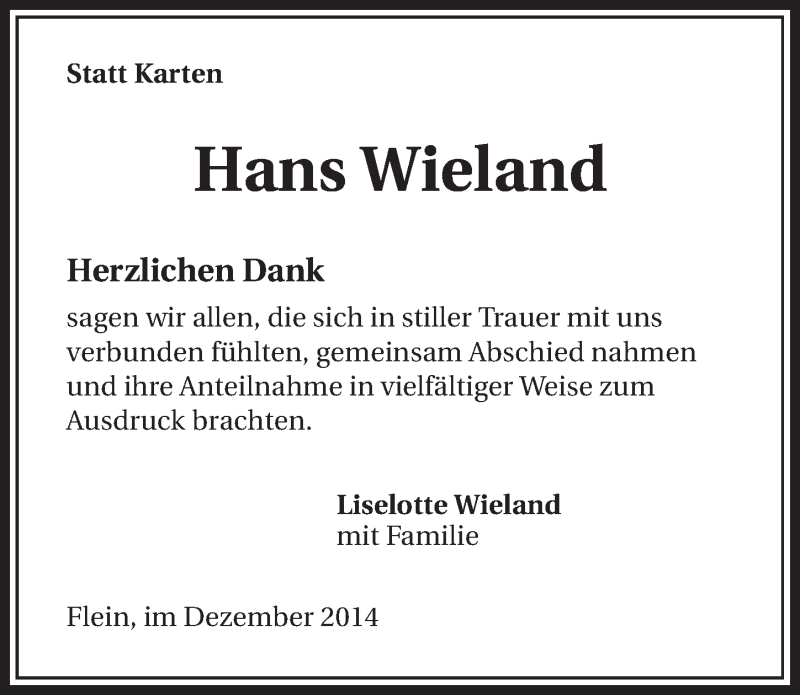  Traueranzeige für Hans Wieland vom 22.12.2014 aus 