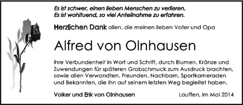  Traueranzeige für Alfred von Olnhausen vom 03.05.2014 aus 