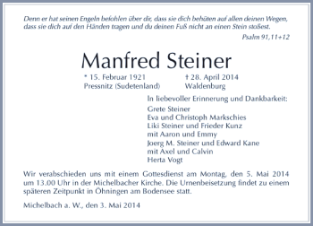 Traueranzeige von Manfred Steiner 