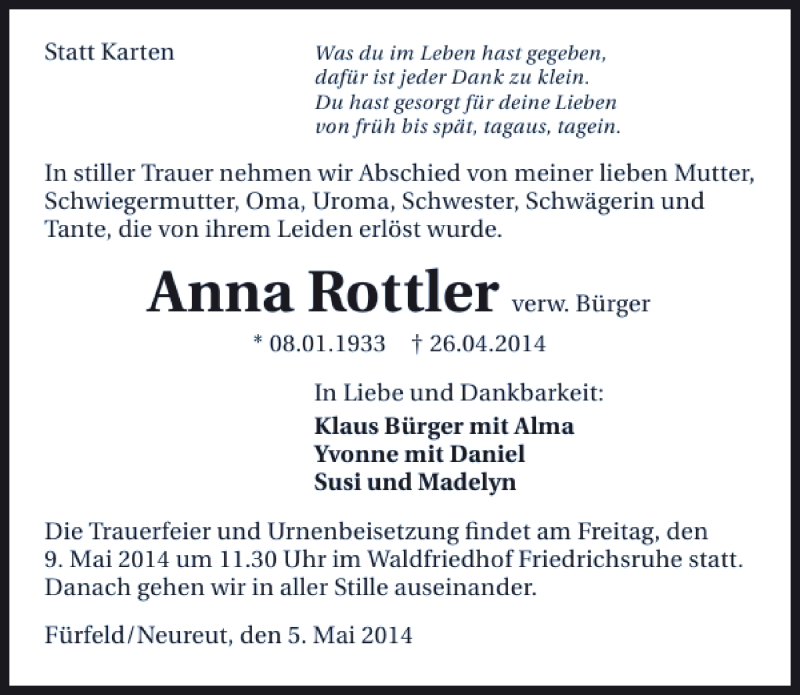  Traueranzeige für Anna Rottler vom 07.05.2014 aus 
