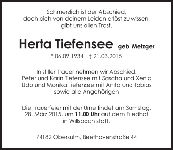 Traueranzeige von Herta Tiefensee 