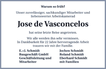 Traueranzeige von Jose de Vasconcelos 