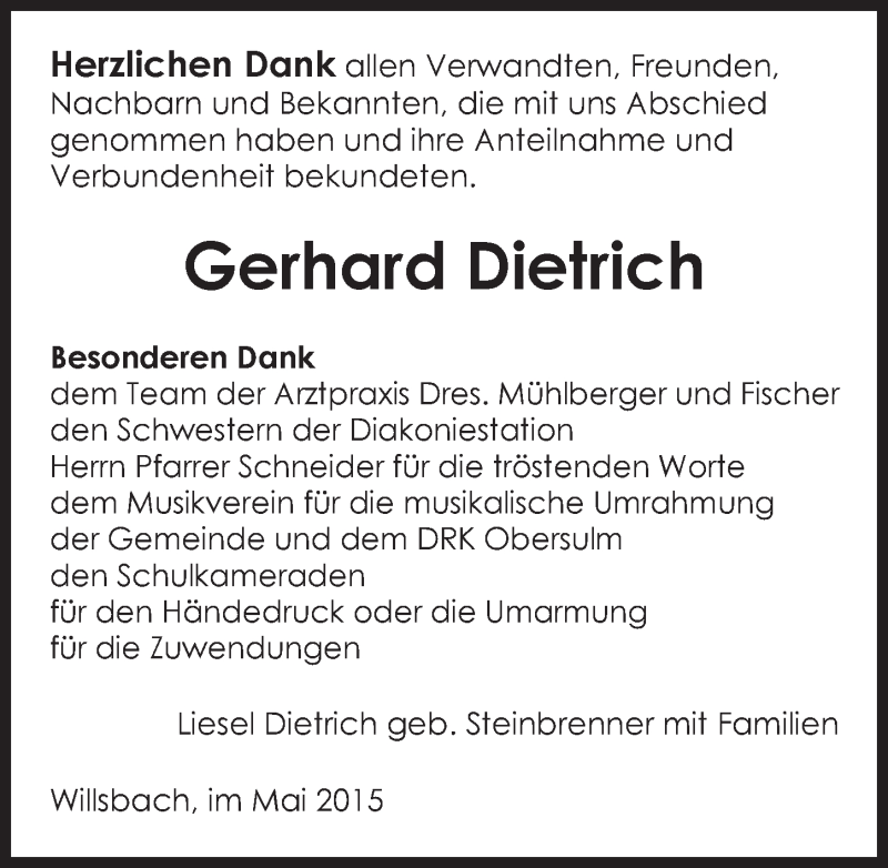  Traueranzeige für Gerhard Dietrich vom 13.05.2015 aus 
