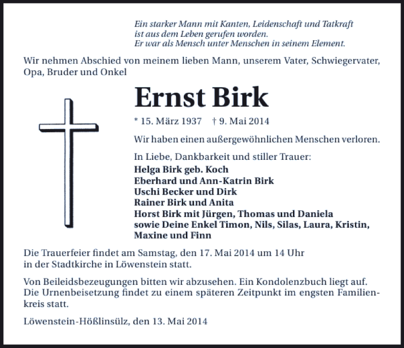  Traueranzeige für Ernst Birk vom 13.05.2014 aus 