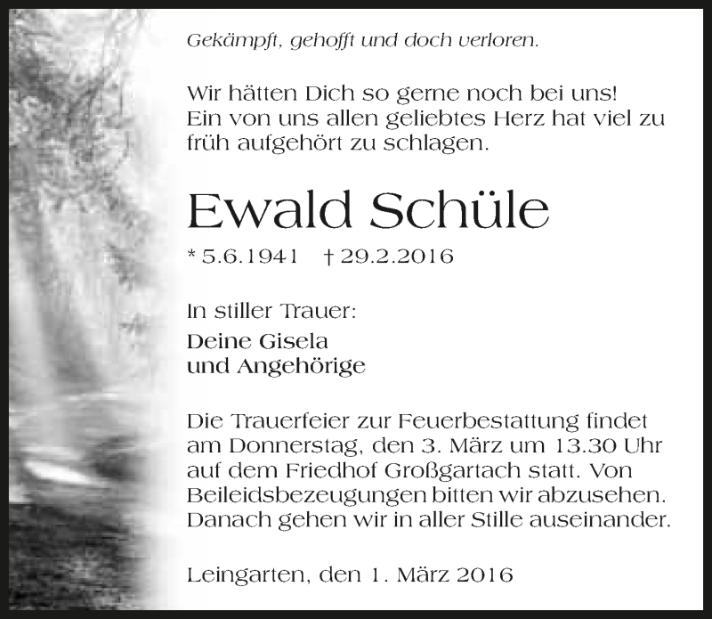  Traueranzeige für Ewald Schüle vom 01.03.2016 aus 