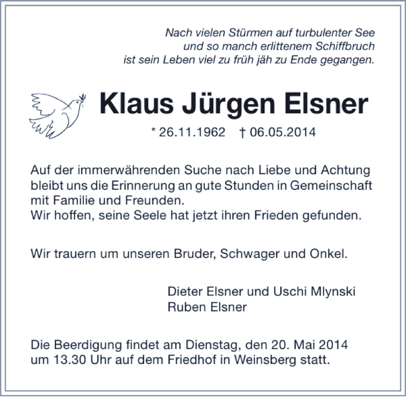  Traueranzeige für Klaus Jürgen Elsner vom 14.05.2014 aus 