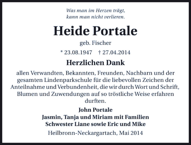  Traueranzeige für Heide Portale vom 17.05.2014 aus 
