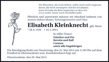 Traueranzeige von Elisabeth Kleinknecht 