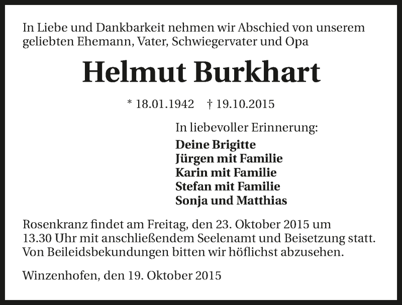  Traueranzeige für Helmut Burkhart vom 21.10.2015 aus 