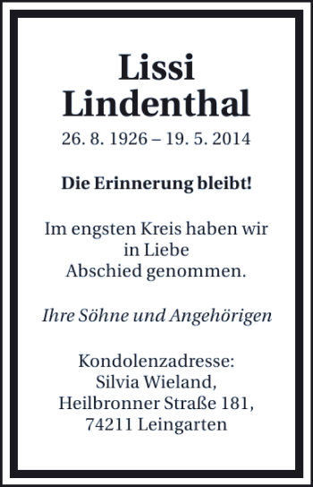 Traueranzeige von Lissi Lindenthal 