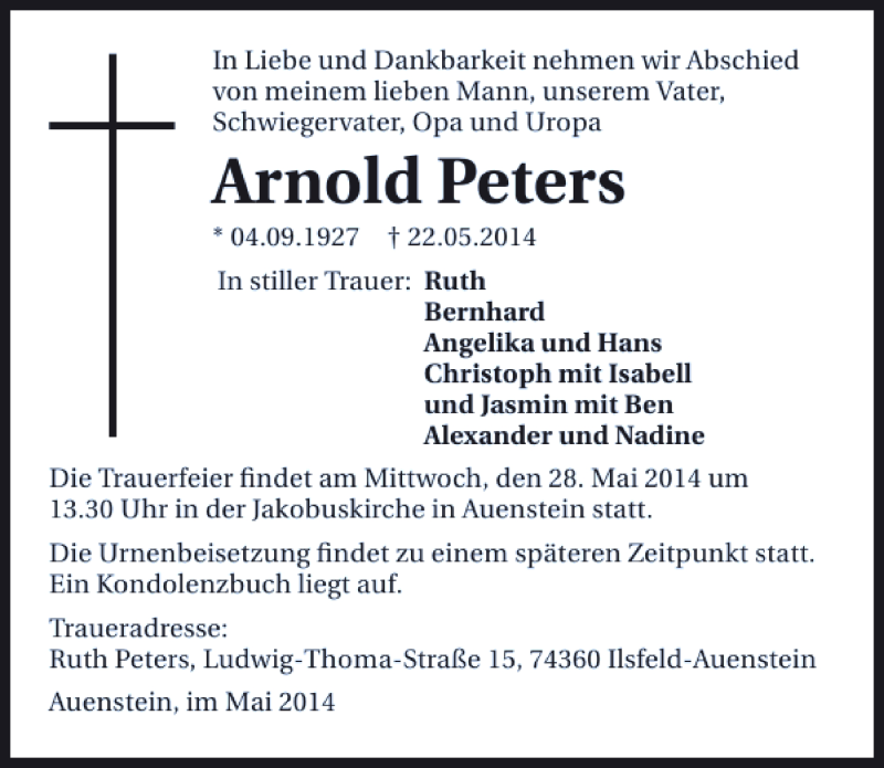  Traueranzeige für Arnold Peters vom 24.05.2014 aus 