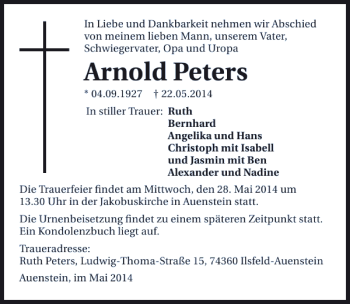 Traueranzeige von Arnold Peters 