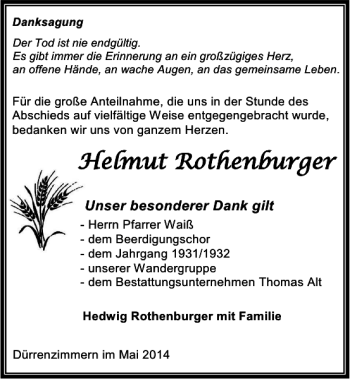 Traueranzeige von Helmut Rothenburger 