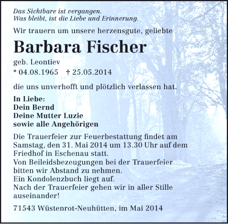  Traueranzeige für Barbara Fischer vom 28.05.2014 aus 
