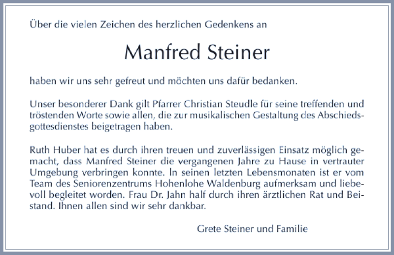  Traueranzeige für Manfred Steiner vom 31.05.2014 aus 
