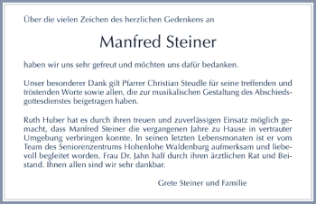 Traueranzeige von Manfred Steiner 